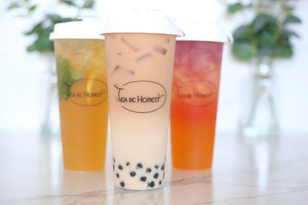 Front: Rose Milk Tea, Back left: Honey Kumquat Lemon Tea, Back Right: Mango Galaxy