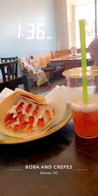 Whipped Cream and Fruit Crepe and Raspberry Tea