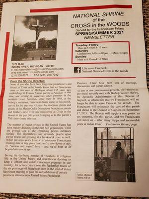 Cross In The Woods Summer Newsletter Front Page I received In my mail as a subscriber and donated.  States A New Pastor. 6/28/2021