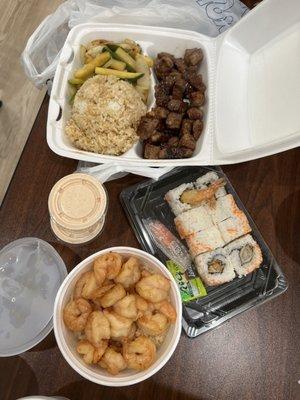 Steak hibachi shrimp tempura roll and shrimp bowl