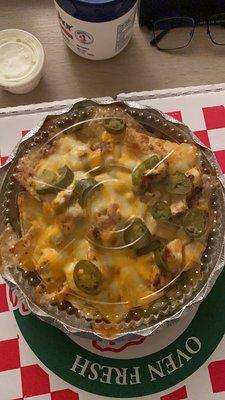 Nachos with Grilled Chicken and Jalapeños! SO GOOD.