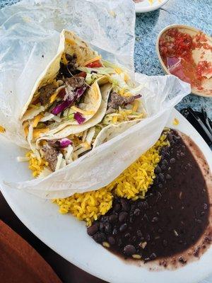 Asada Tacos with yellow rice and beans