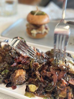 Roasted Brussels sprouts & fried chicken sliders