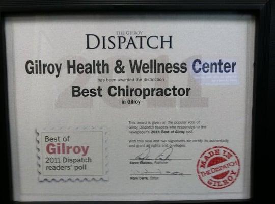 Voted Best Chiropractor by the Gilroy residents!!