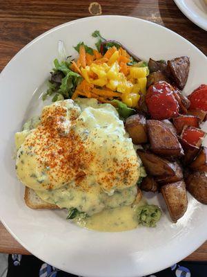 AVOCADO TOAST, potatoes and salad.