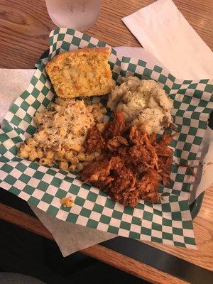 Pulled pork, cornbread, mashed potatoes and Mac & cheese for the win!