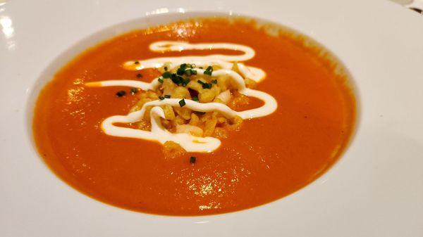 Lobster soup with tenkasu, chives and creme fraiche