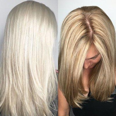 Before and after. Both by me!!! From beautiful platinum to a deeper more fall blonde.