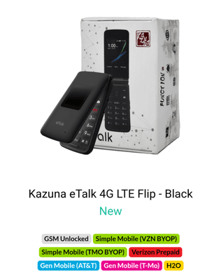 Kazuna eTalk 4G LTE  Flip Unlocked Verizon/T-Mobile/TracFone/Metro Pcs/Simple Mobile/Straight Talk/Boost/Mint Mobile/Consumer Cellular $100