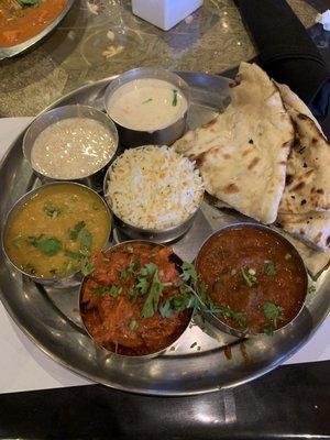 Non-vegetarian complete dinner- includes butter chicken, lamb currry, dal, basmati rice, naan,raita and a dessert for $18.95