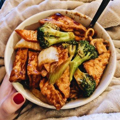 Bean Curd with Mixed Veggies. The broccoli is AMAZING and it also comes with mushrooms, snow peas, carrots, onion, cabbage, and baby corn.