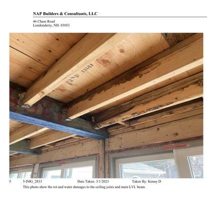 This photo shows the rot and water damage to the ceiling joists and LVL beam.