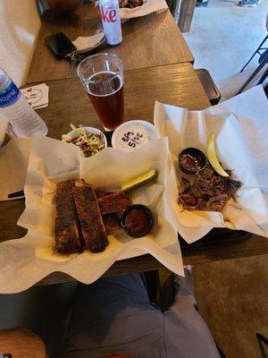 Ribs, brisket, coleslaw, loaded potatoes salad.