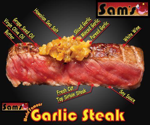 We use New York Strip (the top 4% of beef) with our original garlic sauce