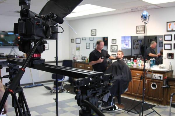 Filming a :30 second spot for Courtney Brothers Barber Shop.