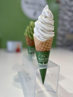 Lemon yuzu soft serve on a cone