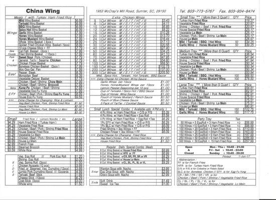 China Wing's menu