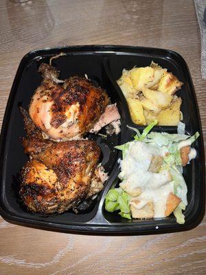 Rotisserie chicken with Caesar salad and roasted potatoes