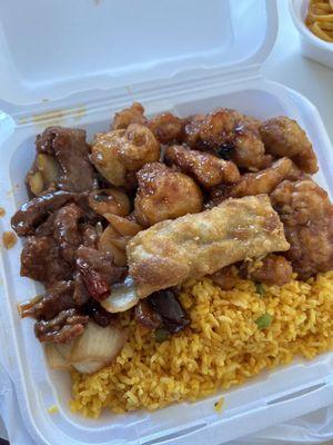 Combo #3 with Fried Rice & Egg Roll, "spicy" beef and oriental chicken.