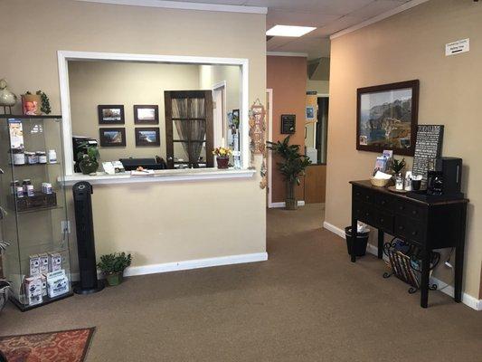 The front desk and coffee station!