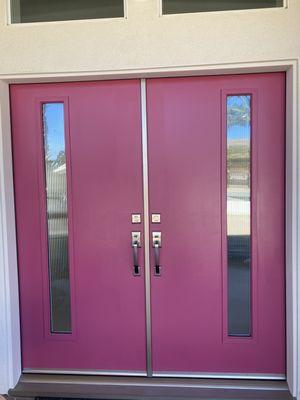 Rasberry Patch, 3 coats. Stucco Tan on the walls and Birchwood on the fascia