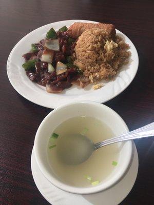 Everything is so good! Wonton soup, pepper steak, fried rice, egg roll - L20 on the menu.