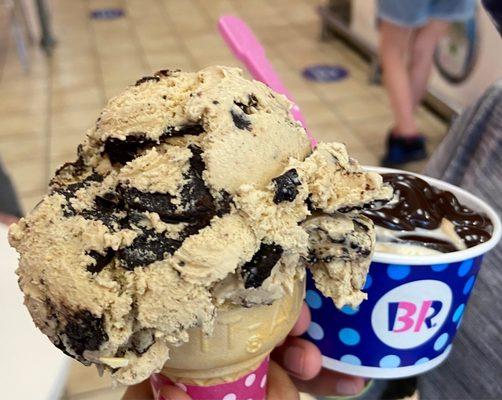 Left Oreo cold brew; right Chocolate Chip Cookie Dough with hot fudge.