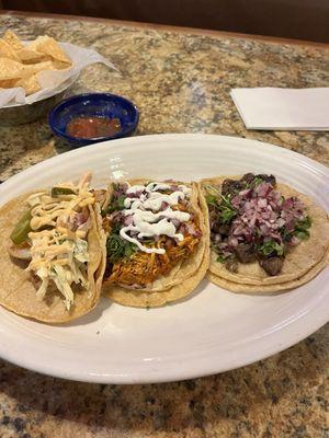 Pollo Desmechado (Shredded Chicken), Carne Asada and Shrimp Taco. Do not forget the Chula sauce!