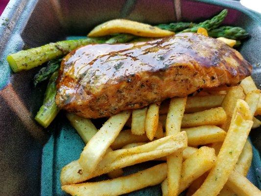 Grilled Salmon with a side of asparagus and small fries w/teriyaki sauce