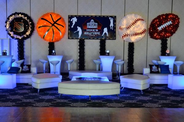 Bar Mitzvah Lounge Decor with Sports Balloon Sculptures and Backdrop