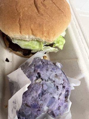 The perfect match- burger and side Okinawan sweet potato salad