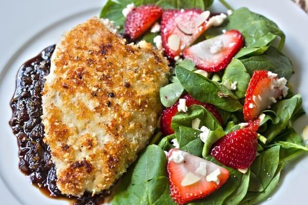 Almond Crusted Chicken with Strawberry Spinach Salad and Balsamic Reduction