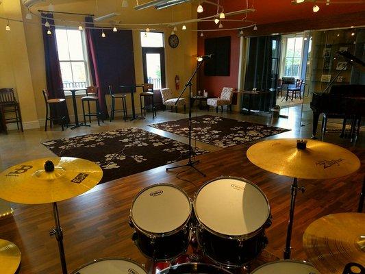 View from stage drum kit: Upper Level Performance Center at Rhythm Studio