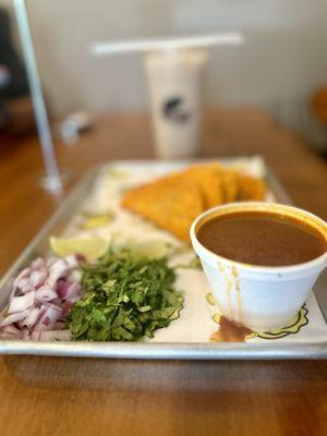 Birriadillas con consome $12.99 + horchata drink