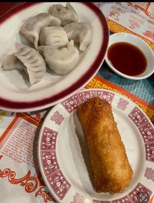 Steamed pork dumplings and egg roll