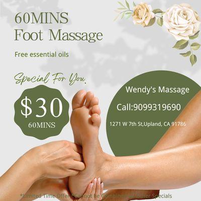 60Mins Foot Massage 
Free essential oils

*limited Time Offer*
*cannot be combined w other Specials*