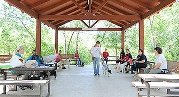 Rebeccah teaching the loose leash walking 
 segment of the dog obedience classes at 
 Operation Kindness.