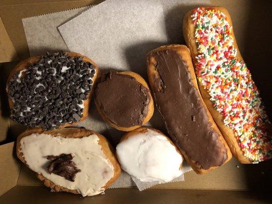 L to R: chocolate chip, peanut butter, white fluff, strawberry, chocolate stick, sprinkle stick.