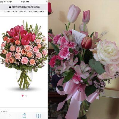 On the left, the "Full Of Love" bouquet advertised on their website in size deluxe. On the right, the actual bouquet they sent my mother.