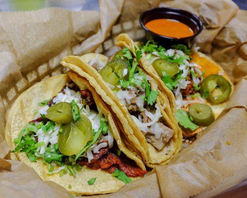 Al Pastor, Lengua, and Chorizo Tacos