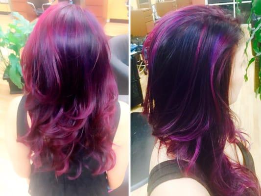 Purple to pink Balyage highlights by Melinda 916-821-3061