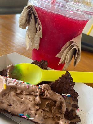 Strawberry raspado (without sweetened condensed milk) & a chocolate rolled ice cream taco!