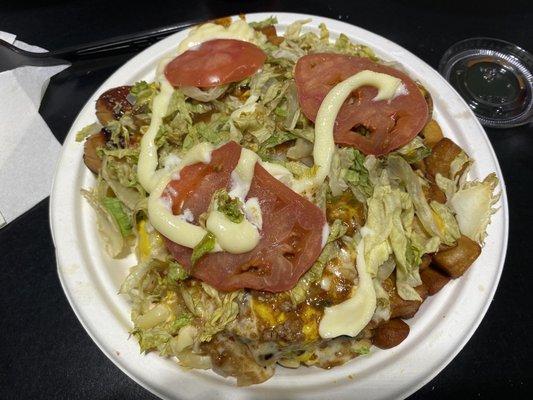 Hamburger and Zweigles garbage plate.