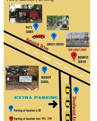 Plenty of parking. 4 places to park: Pat's Games, The Austin Child Development Center, The Christi Center and down Shoalwood Avenue.