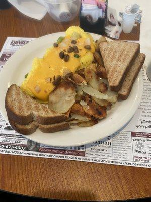 Western omelette, hashbrowns, wheat toast