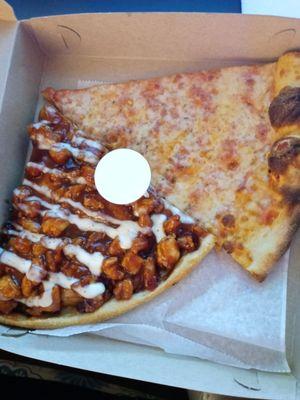 Bbq chicken slice and a cheese slice