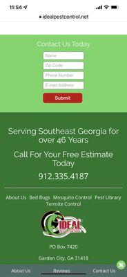 Ideal Pest control phone number is 912-335-4187. Their new location is Garden City, GA.