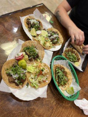 Lengua, shrimp, and chorizo tacos