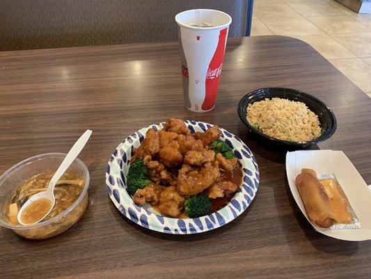 Orange Chicken, hot soup, egg roll and a drink for $10.98 and the best part is that it's DELICIOUS!!! Great service by the way