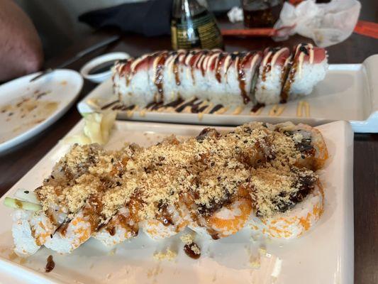 Crunchy Roll in front, Tuna Fusion Roll in back